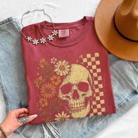 May include Skull & Flowers Firefly Comfort Colors Halloween t-shirt with skull, floral, and glowing firefly graphic on a relaxed unisex tee