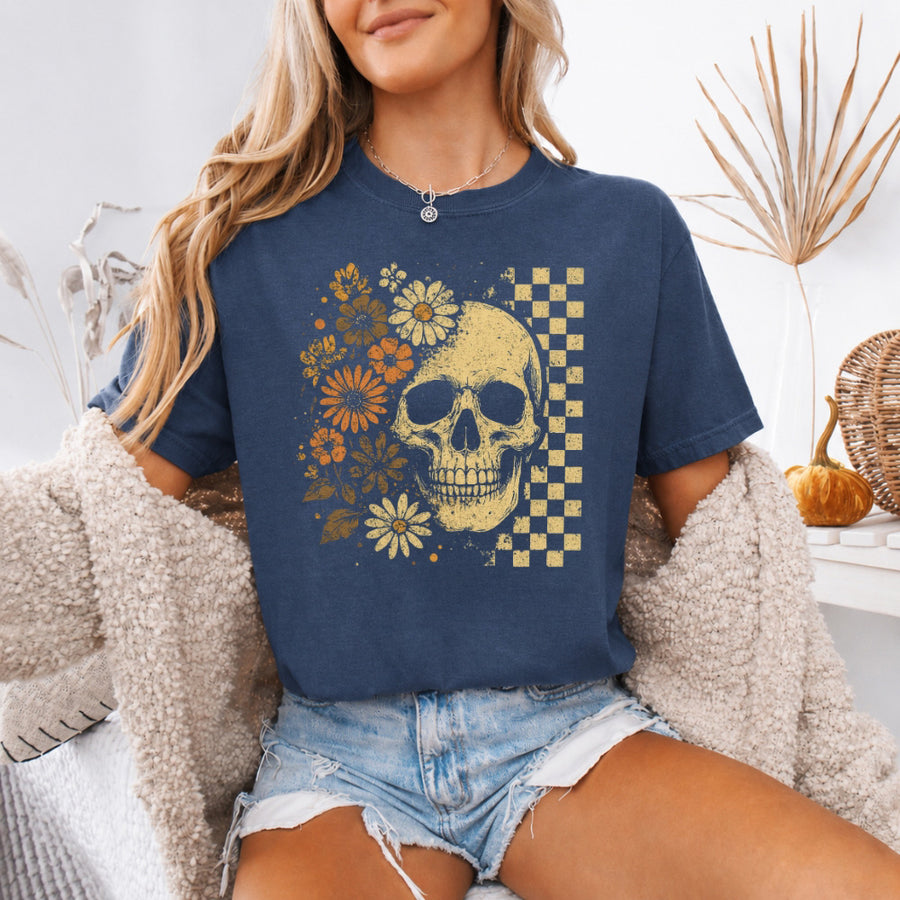 May include Skull & Flowers Firefly Comfort Colors Halloween t-shirt with skull, floral, and glowing firefly graphic on a relaxed unisex tee