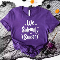 May include a matching couples or best friends t-shirt design featuring the phrase “I Solemnly Swear We Are Up to No Good” in bold, playful lettering, reflecting a fun, mischievous theme meant to be worn together.