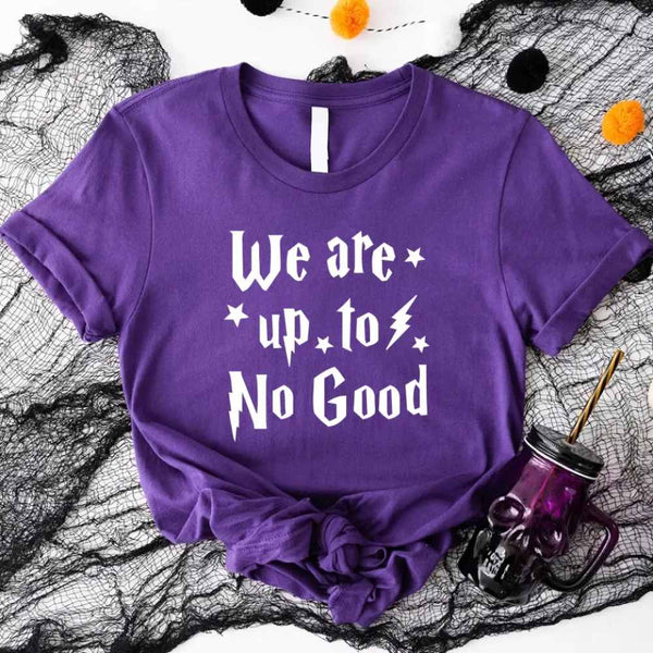 May include a matching couples or best friends t-shirt design featuring the phrase “I Solemnly Swear We Are Up to No Good” in bold, playful lettering, reflecting a fun, mischievous theme meant to be worn together.
