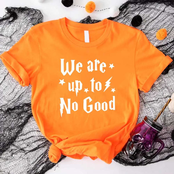 May include a matching couples or best friends t-shirt design featuring the phrase “I Solemnly Swear We Are Up to No Good” in bold, playful lettering, reflecting a fun, mischievous theme meant to be worn together.