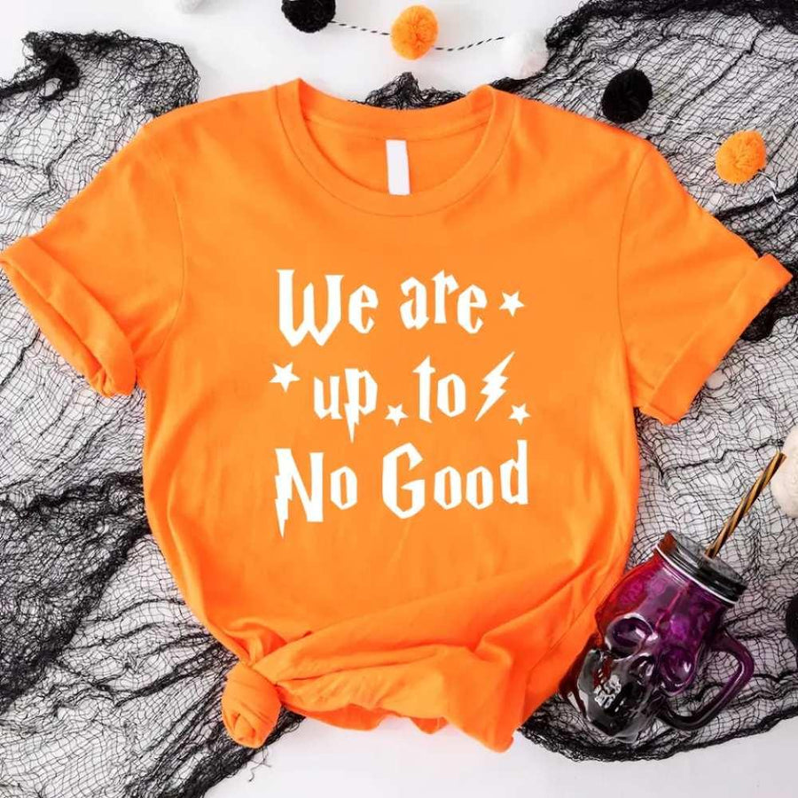 May include a matching couples or best friends t-shirt design featuring the phrase “I Solemnly Swear We Are Up to No Good” in bold, playful lettering, reflecting a fun, mischievous theme meant to be worn together.