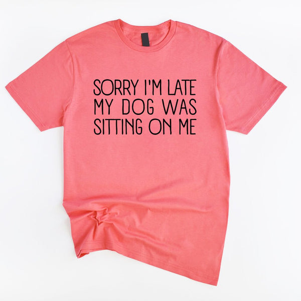 t-shirt with 'Sorry I'm late my dog was sitting on me' text, paired with jeans and sneakers on a wooden surface.