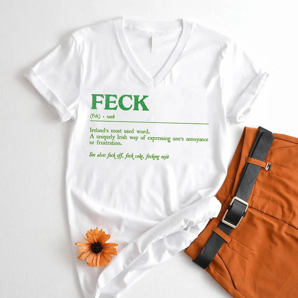 May include a unisex T-shirt featuring a humorous St. Patrick’s “Feck” definition printed in a bold, readable style.