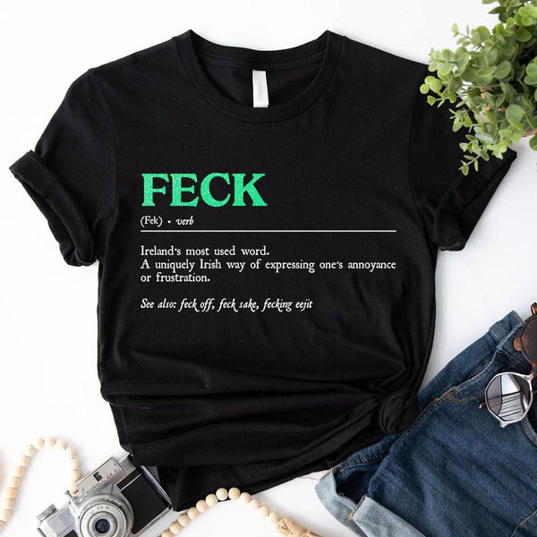 May include a unisex T-shirt featuring a humorous St. Patrick’s “Feck” definition printed in a bold, readable style.