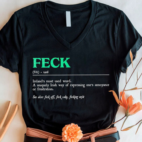 May include a unisex T-shirt featuring a humorous St. Patrick’s “Feck” definition printed in a bold, readable style.