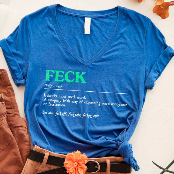 May include a unisex T-shirt featuring a humorous St. Patrick’s “Feck” definition printed in a bold, readable style.