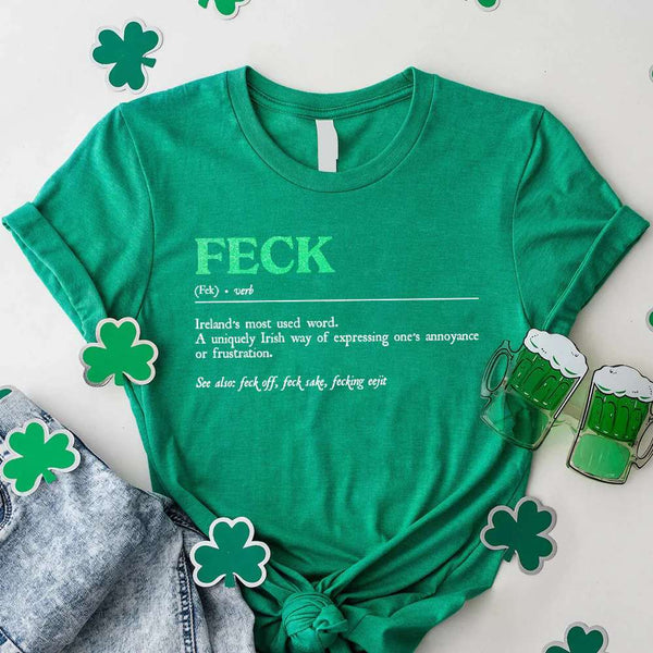 May include a unisex T-shirt featuring a humorous St. Patrick’s “Feck” definition printed in a bold, readable style.
