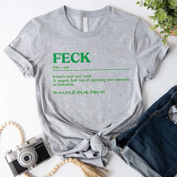 May include a unisex T-shirt featuring a humorous St. Patrick’s “Feck” definition printed in a bold, readable style.