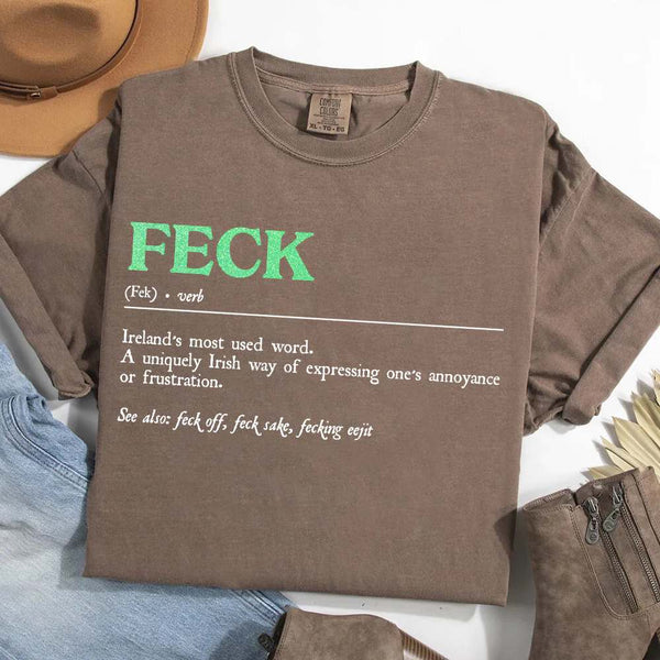 May include a unisex T-shirt featuring a humorous St. Patrick’s “Feck” definition printed in a bold, readable style.