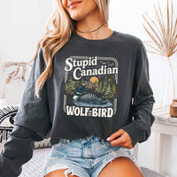 May include Stupid Canadian Wolf Bird Comfort Colors long sleeve shirt with hockey romance BookTok graphic and relaxed fit