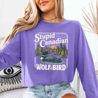 May include Stupid Canadian Wolf Bird Comfort Colors long sleeve shirt with hockey romance BookTok graphic and relaxed fit