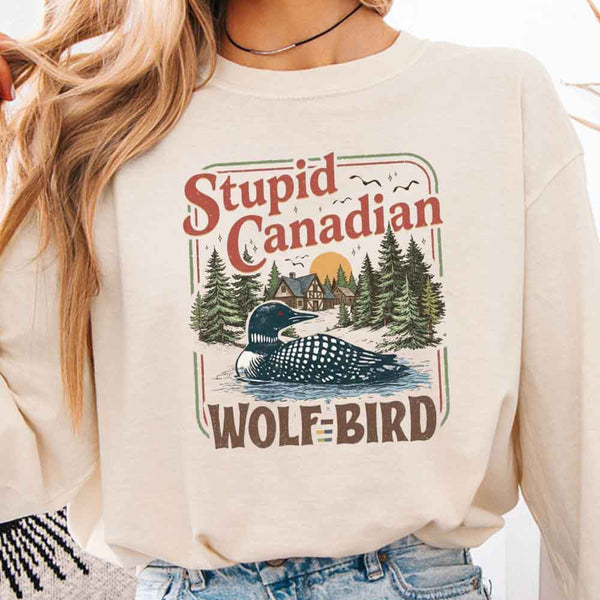 May include Stupid Canadian Wolf Bird Comfort Colors long sleeve shirt with hockey romance BookTok graphic and relaxed fit