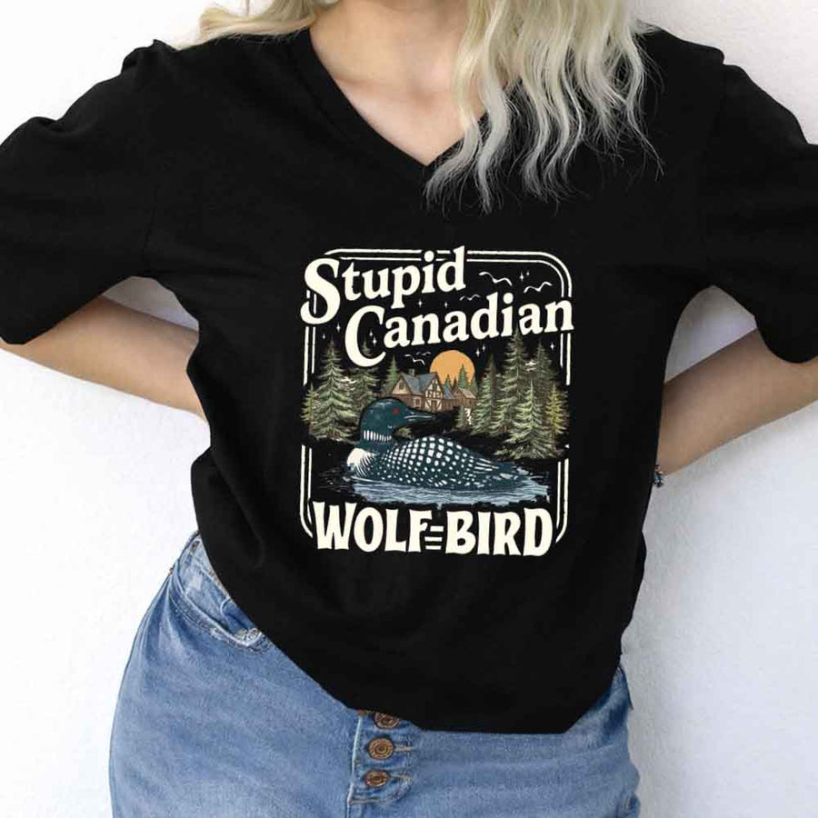 May include Stupid Canadian Wolf Bird v-neck tee with hockey romance BookTok graphic and relaxed unisex fit