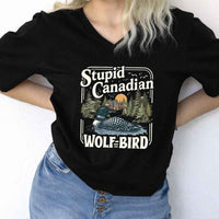 May include Stupid Canadian Wolf Bird v-neck tee with hockey romance BookTok graphic and relaxed unisex fit