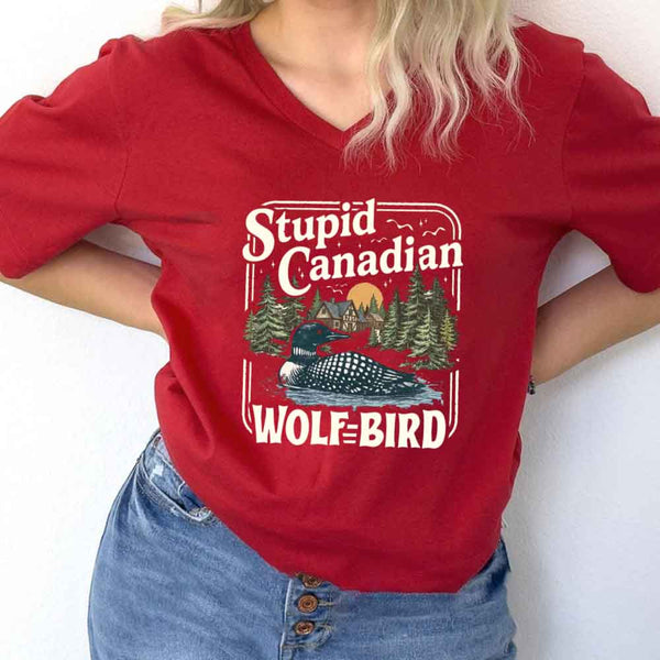 May include Stupid Canadian Wolf Bird v-neck tee with hockey romance BookTok graphic and relaxed unisex fit