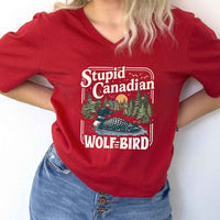 May include Stupid Canadian Wolf Bird v-neck tee with hockey romance BookTok graphic and relaxed unisex fit