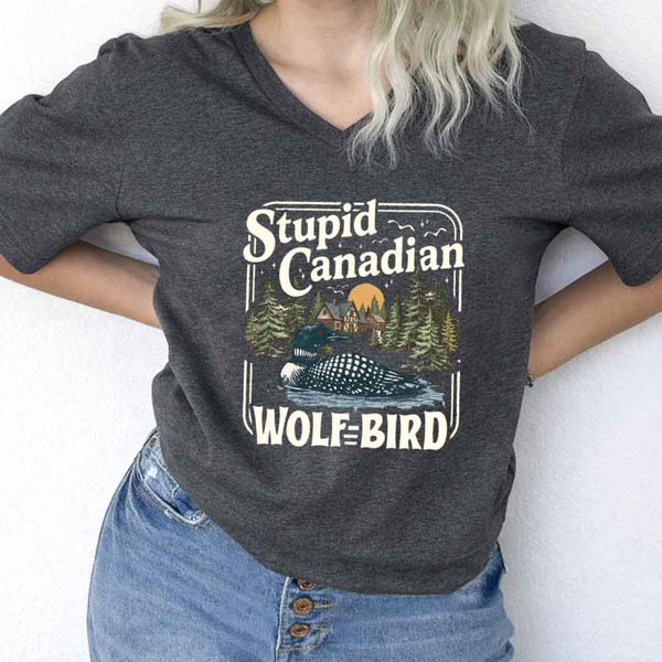Stupid Canadian Wolf Bird V-Neck Tee – Hockey Romance BookTok Shirt