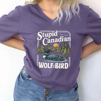 May include Stupid Canadian Wolf Bird v-neck tee with hockey romance BookTok graphic and relaxed unisex fit