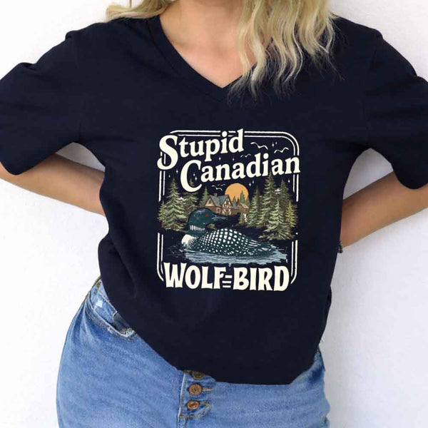 May include Stupid Canadian Wolf Bird v-neck tee with hockey romance BookTok graphic and relaxed unisex fit