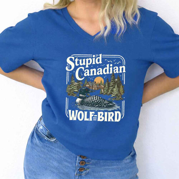 May include Stupid Canadian Wolf Bird v-neck tee with hockey romance BookTok graphic and relaxed unisex fit