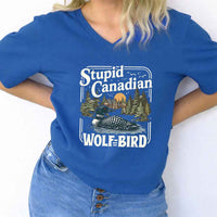 May include Stupid Canadian Wolf Bird v-neck tee with hockey romance BookTok graphic and relaxed unisex fit