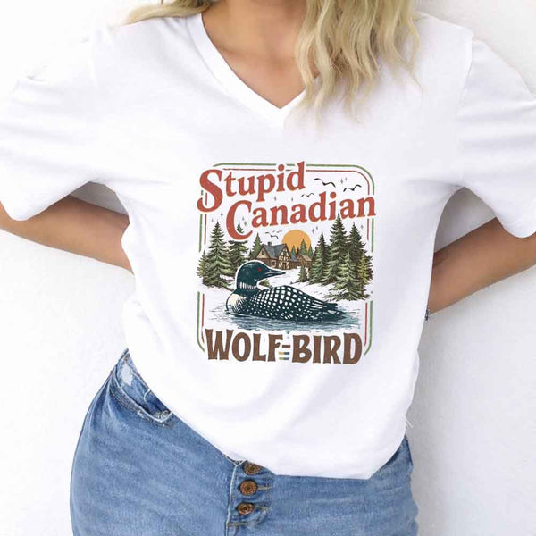May include Stupid Canadian Wolf Bird v-neck tee with hockey romance BookTok graphic and relaxed unisex fit