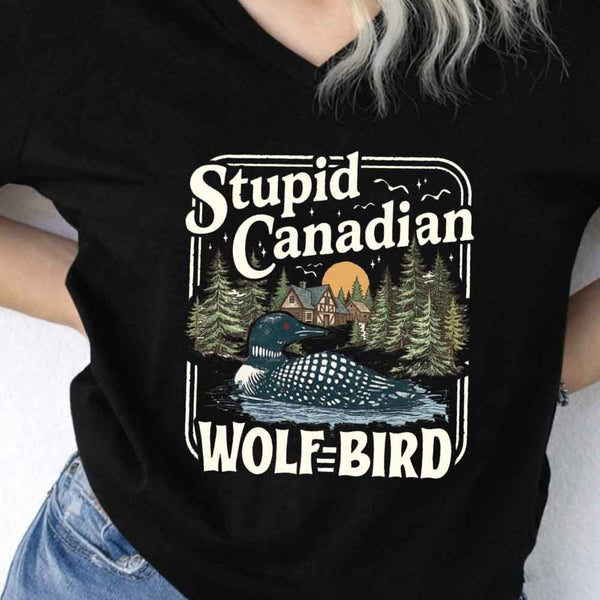 May include Stupid Canadian Wolf Bird v-neck tee with hockey romance BookTok graphic and relaxed unisex fit