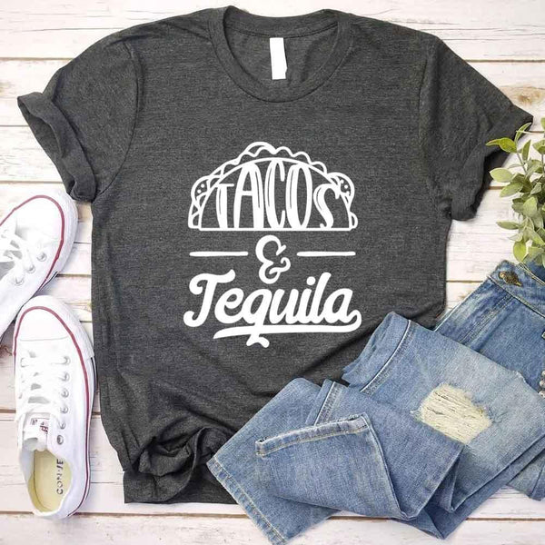 May include a unisex T-shirt with the phrase Tacos and Tequila printed on the front.