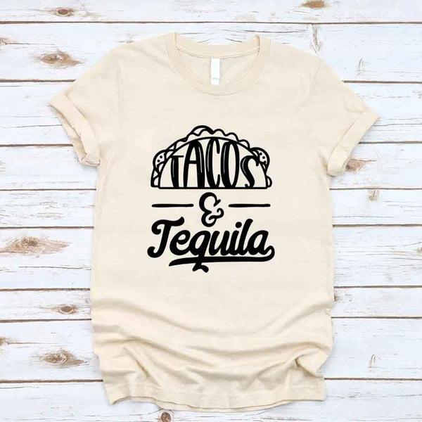 May include a unisex T-shirt with the phrase Tacos and Tequila printed on the front.