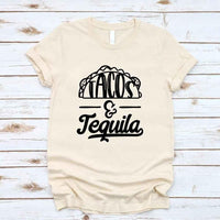 May include a unisex T-shirt with the phrase Tacos and Tequila printed on the front.