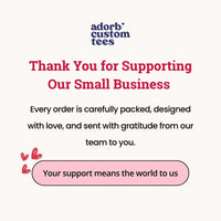 May include a thank-you card from Adorb Custom Tees with gratitude message, hearts, and beige background.