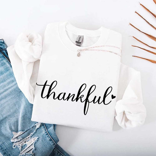 White sweatshirt with 'thankful' design for thanksgiving