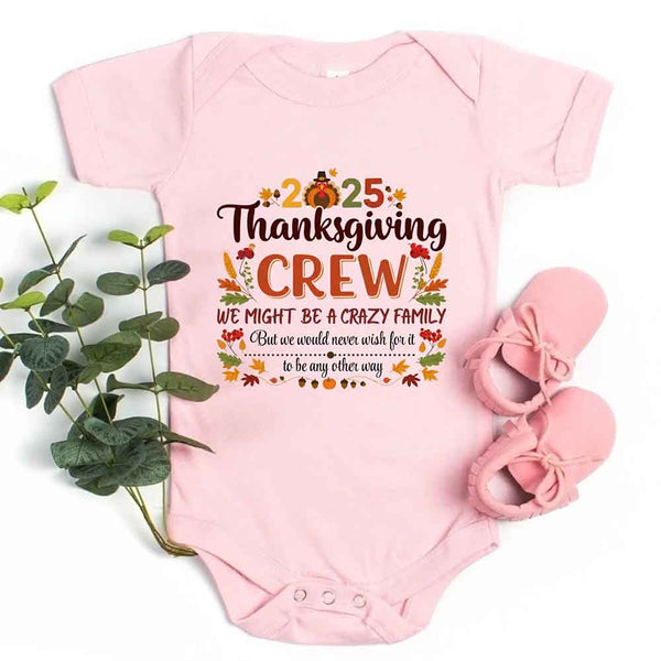 May include Thanksgiving family matching funny baby onesie, fall holiday infant bodysuit for family dinners, group photos, and festive outfits.