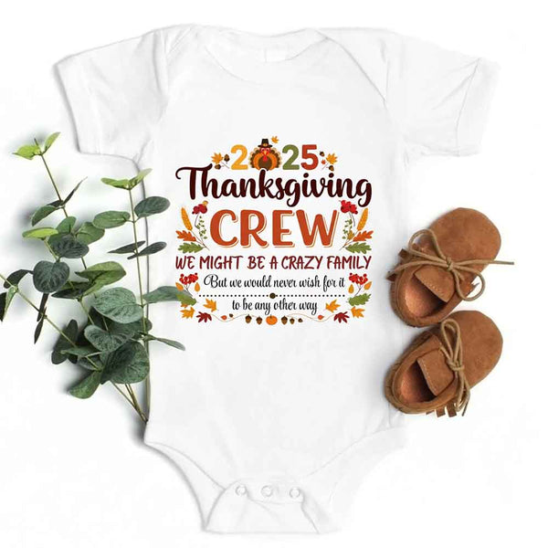 May include Thanksgiving family matching funny baby onesie, fall holiday infant bodysuit for family dinners, group photos, and festive outfits.