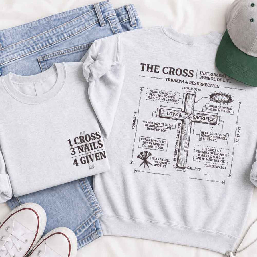 May include The Cross sweatshirt with Christian faith graphic design, relaxed fit, and cozy fabric