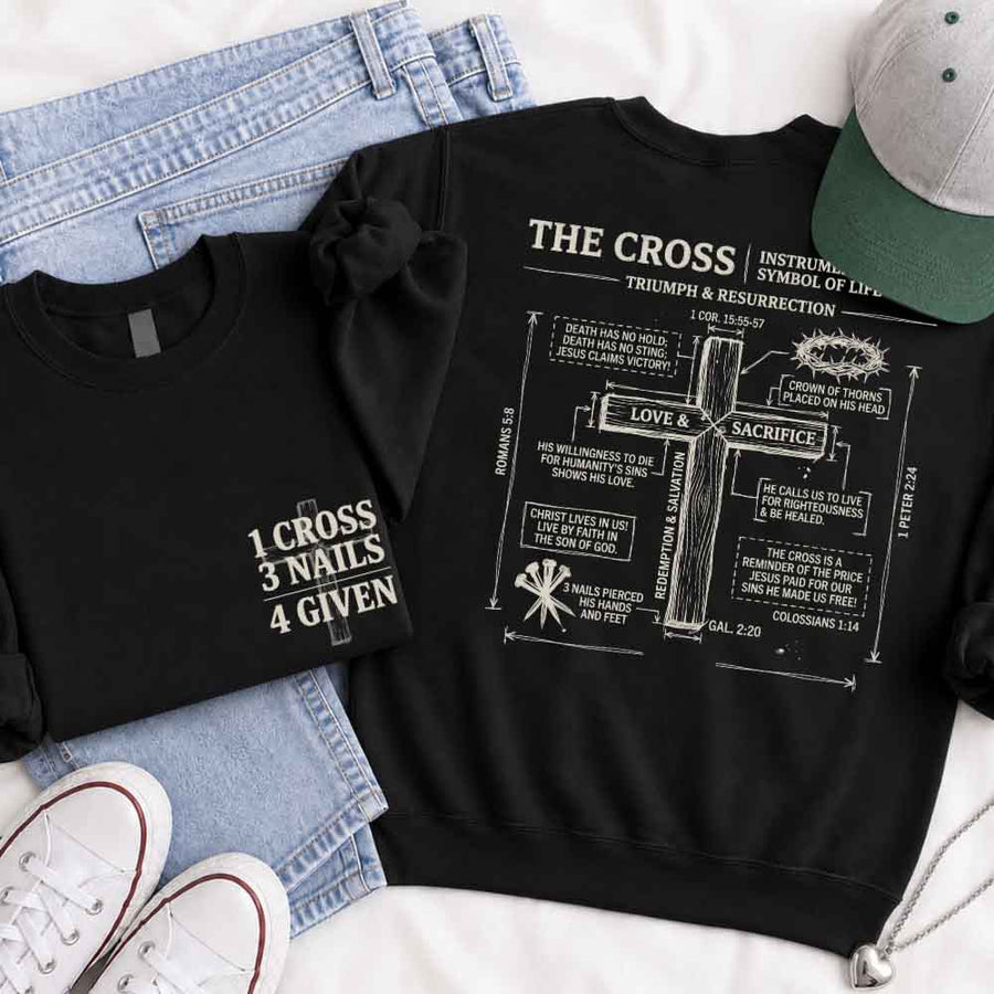 May include The Cross sweatshirt with Christian faith graphic design, relaxed fit, and cozy fabric