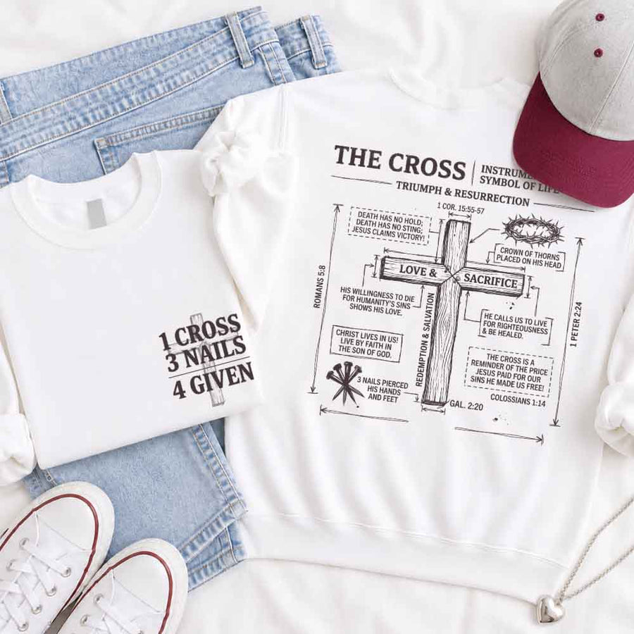 May include The Cross sweatshirt with Christian faith graphic design, relaxed fit, and cozy fabric