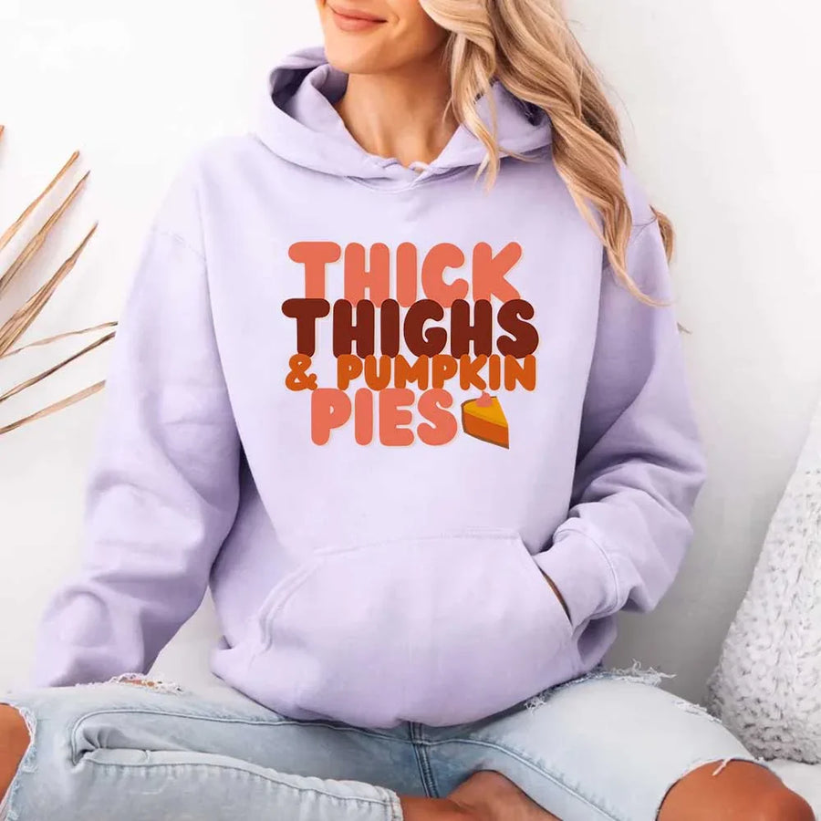 Thick Thighs and Pumpkin Pies Fall Vibes Fleece Pullover Hoodie
