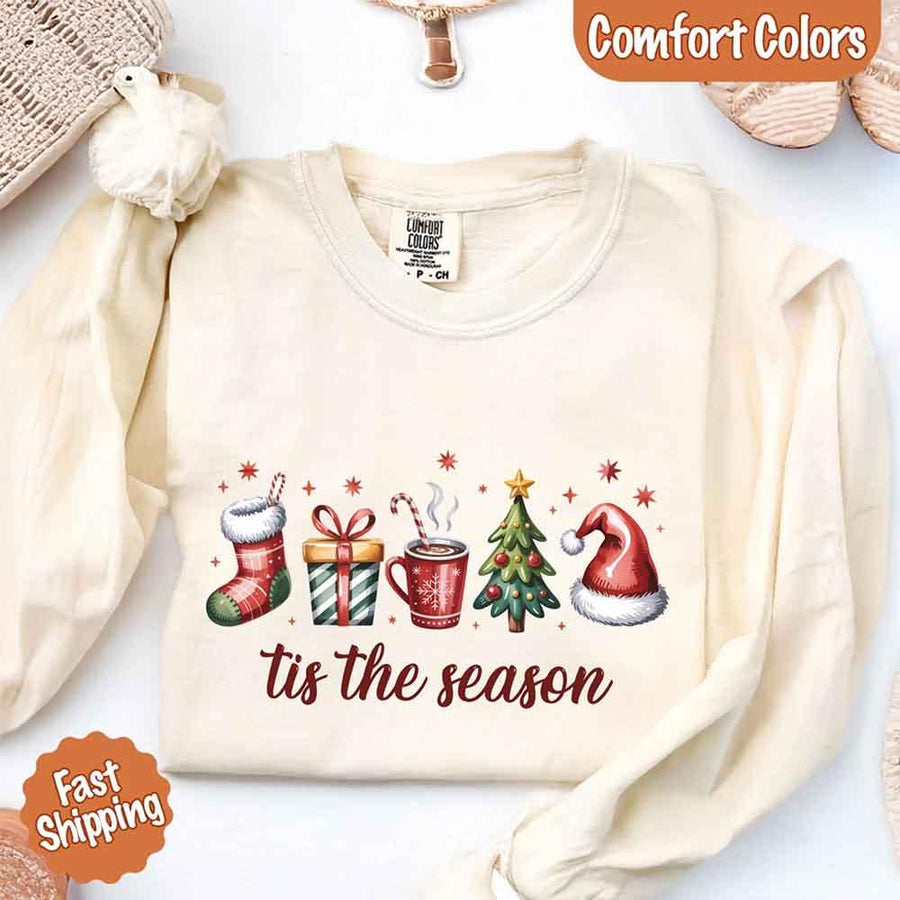 May include ’Tis The Season Comfort Colors Long Sleeve Christmas Shirt – festive holiday graphic long sleeve tee in garment-dyed cotton.
