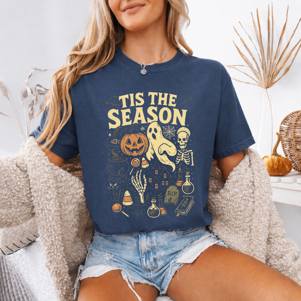 May include 'Tis The Season Comfort Colors t-shirt with Halloween graphic, relaxed unisex fit, and garment-dyed cotton