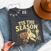 May include 'Tis The Season Comfort Colors t-shirt with Halloween graphic, relaxed unisex fit, and garment-dyed cotton