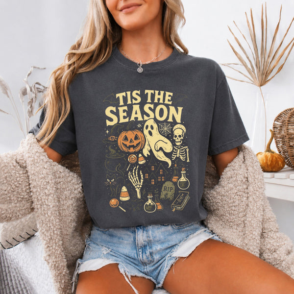 May include 'Tis The Season Comfort Colors t-shirt with Halloween graphic, relaxed unisex fit, and garment-dyed cotton