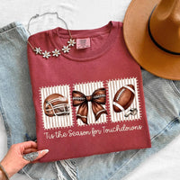 May include a Comfort Colors T-shirt featuring a 'Tis the Season for Touchdowns football-inspired design, perfect for football fans, game days, tailgates, and holiday gatherings.