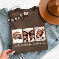 May include a Comfort Colors T-shirt featuring a 'Tis the Season for Touchdowns football-inspired design, perfect for football fans, game days, tailgates, and holiday gatherings.