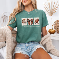 May include a Comfort Colors T-shirt featuring a 'Tis the Season for Touchdowns football-inspired design, perfect for football fans, game days, tailgates, and holiday gatherings.