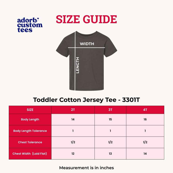 May include a size chart for a toddler cotton jersey t-shirt displaying measurements for sizes 2T through 4T.