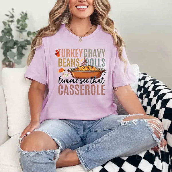 "Turkey Gravy Beans & Rolls Shirt with bold funny Thanksgiving text design, holiday casserole tee for Friendsgiving and family dinners."
