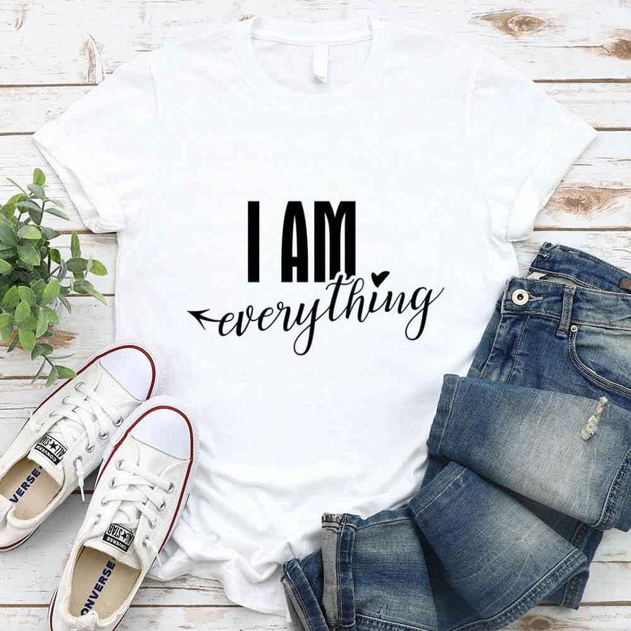 May include a couples t-shirt design featuring the phrase “I Have Everything I Need” and "I am everything" in clear, balanced lettering, often paired with a small heart or matching graphic that reflects love, gratitude, and partnership.