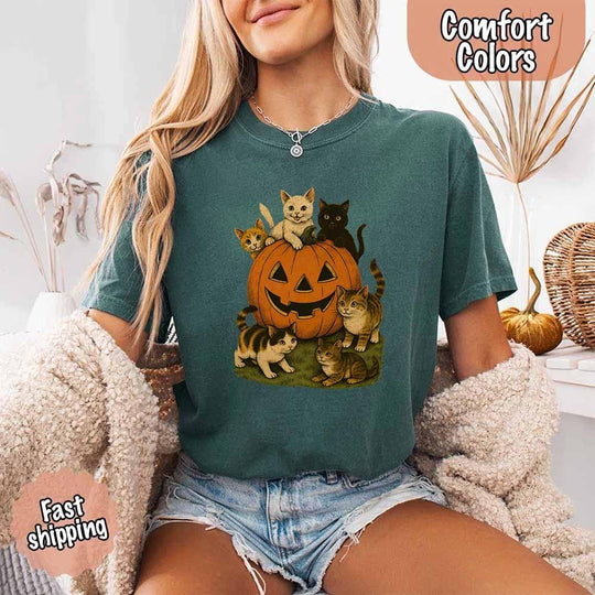 Vintage 90s Cat Halloween Shirt – Retro Pumpkin